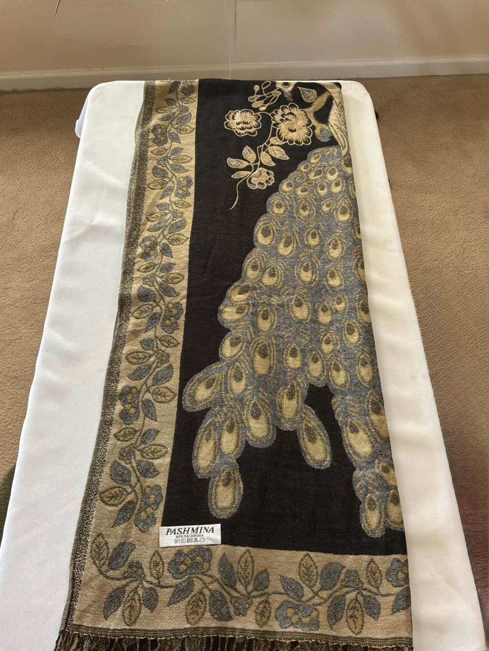 pashmina Black, Gold and Gray Peacock Jacquard Scarf